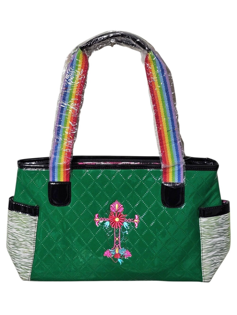 Green Cross Zebra Print Rainbow Handbag Purse